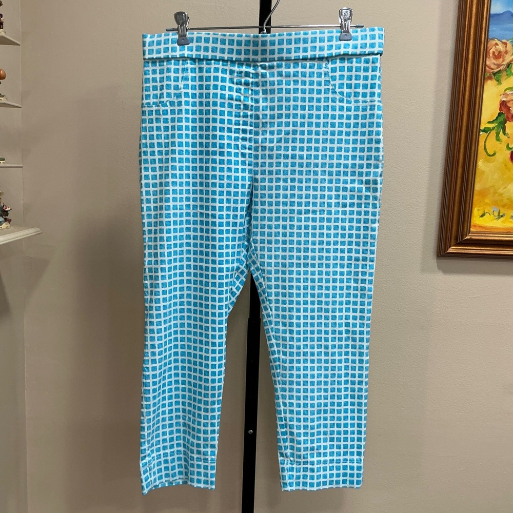 Lior Paris Pants Rosie Size 10 Blue White Grid Geometric Cropped Pull On Stretch